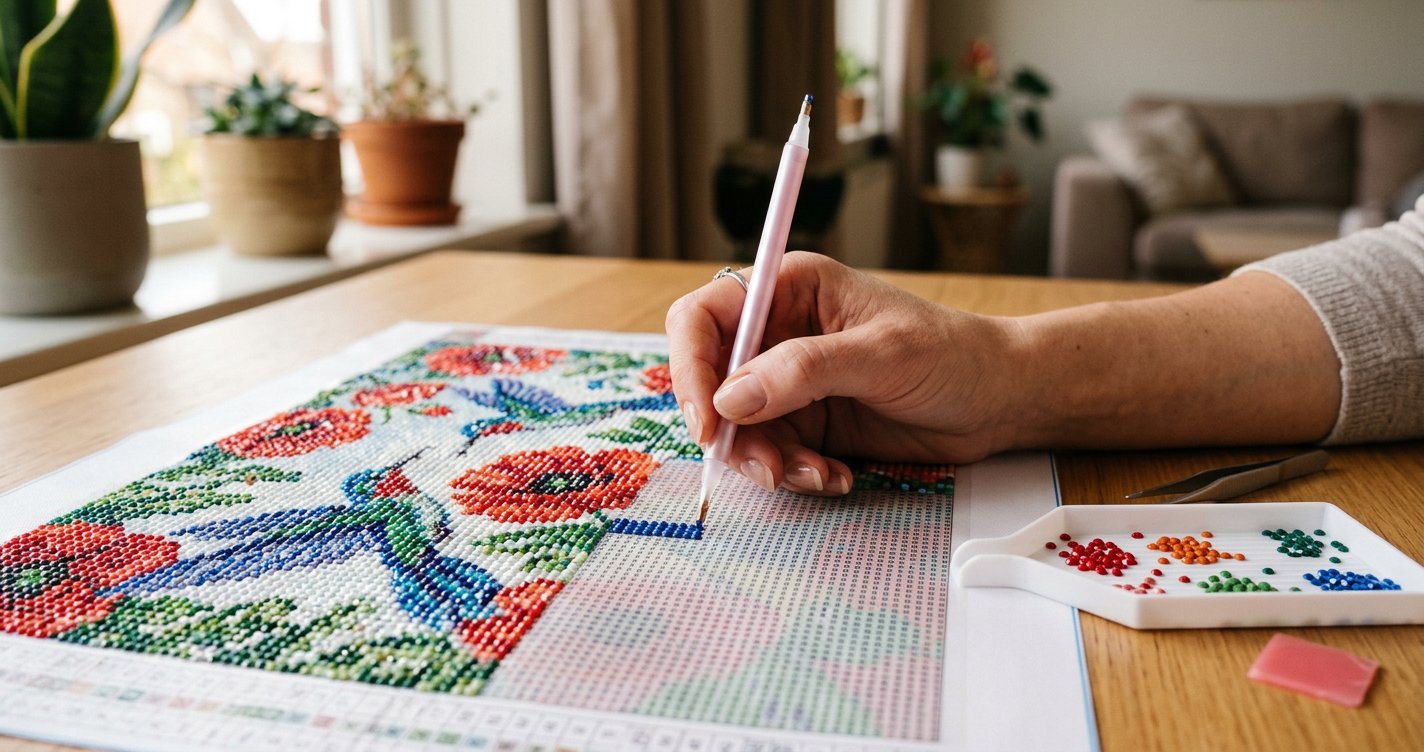 Hand placing sparkling resin drills on a floral diamond-painting canvas.