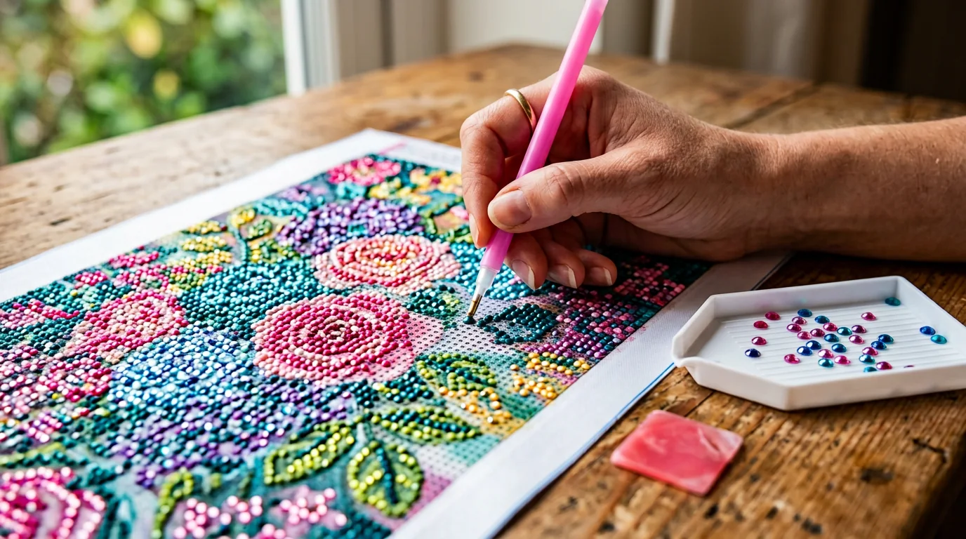 Hands using a diamond painting pen to place gems on a colorful canvas