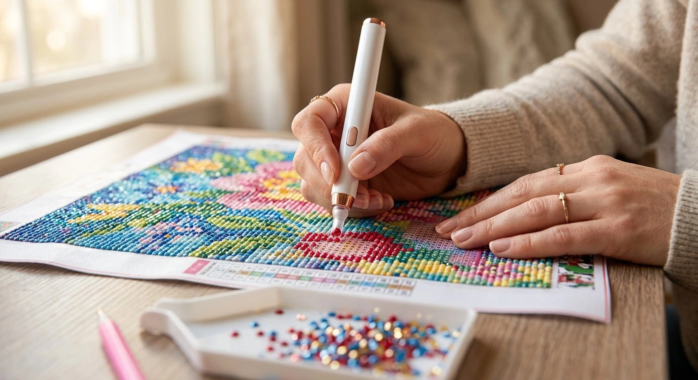 Woman's hands using a diamond art vacuum pen to place a red drill on a colorful canvas