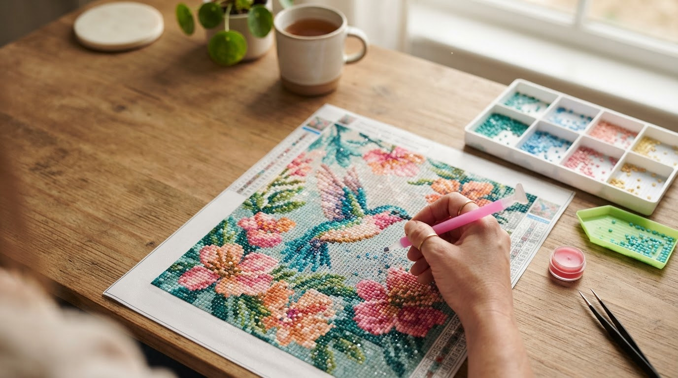 Crafter placing a pink applicator pen on a colorful floral diamond painting, with trays of drills on a wooden table.