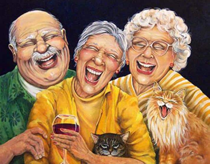 Three older adults laughing together with a black cat, illustrating the mood lift people report from a relaxing hobby